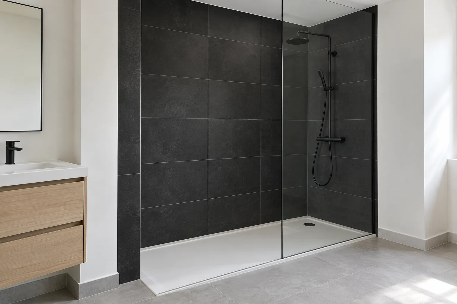 Illustrative black-tiled walk-in shower with a white tray and matt-black fittings