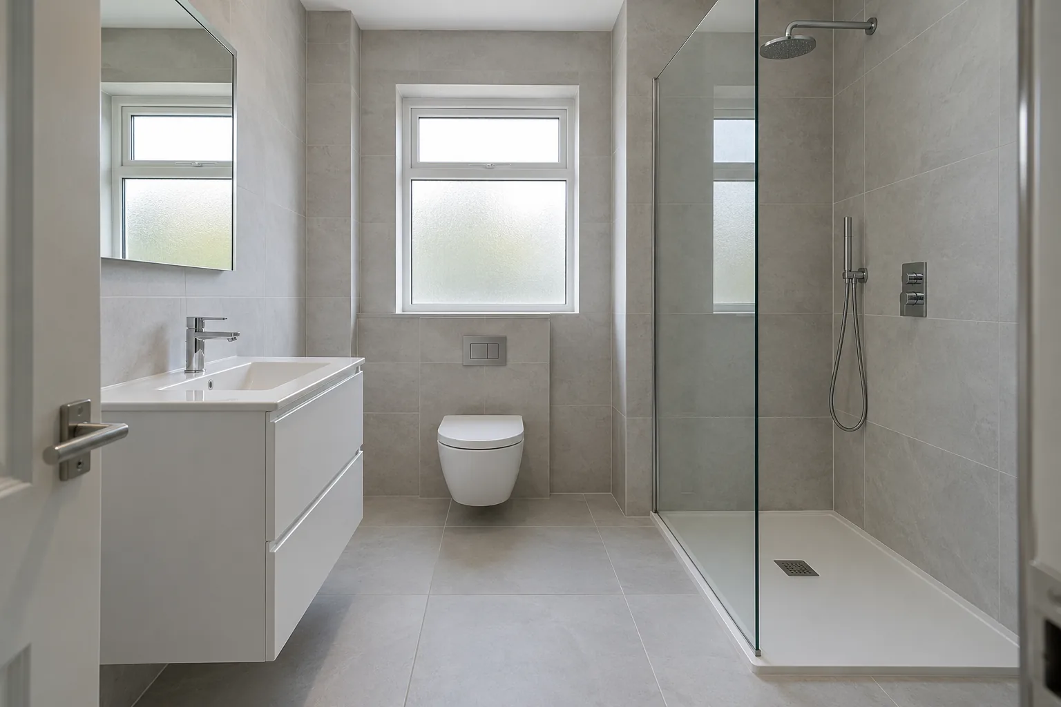 Illustrative modern grey-tiled shower room with a white vanity and frameless glass enclosure