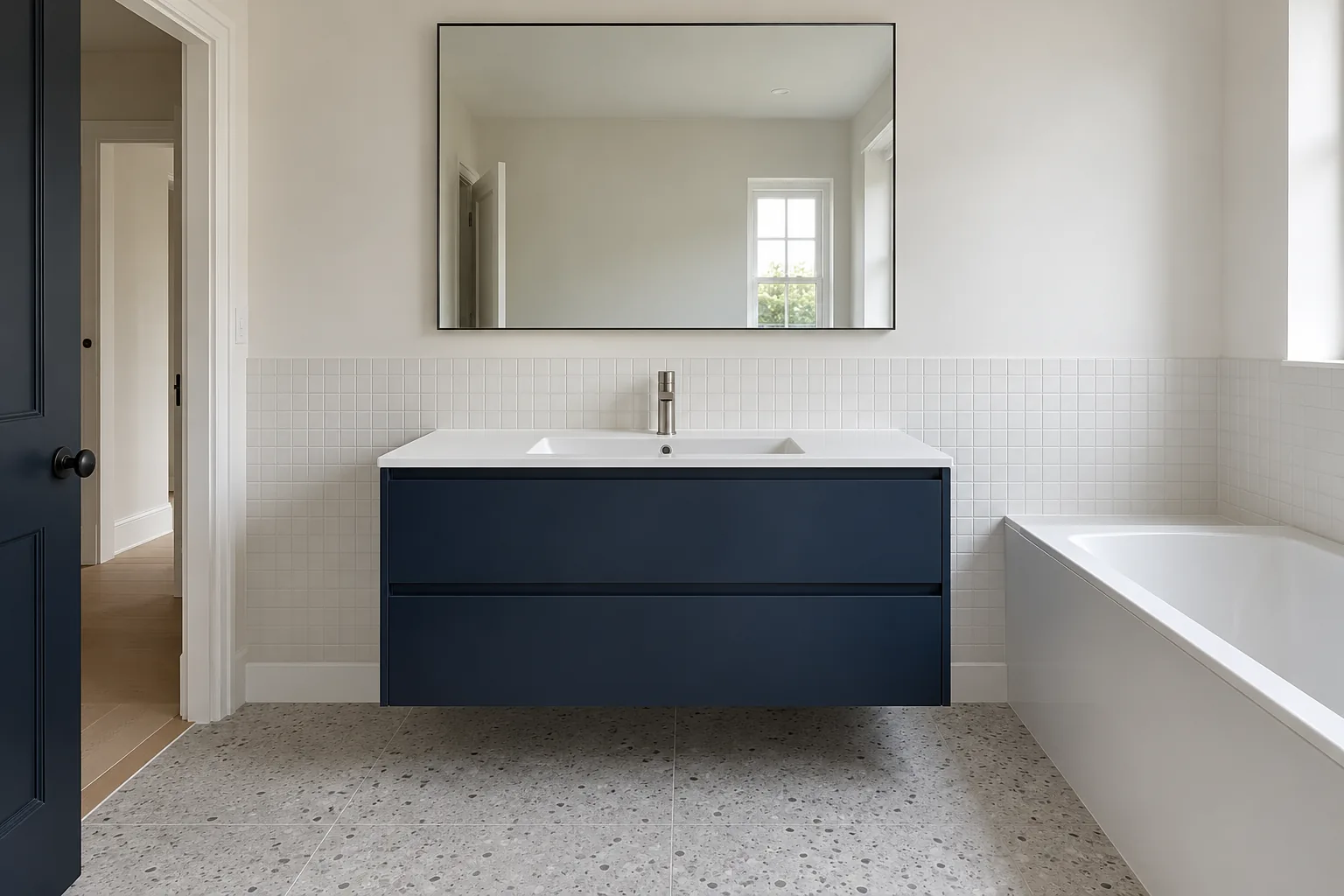 Illustrative navy wall-hung vanity with white basin and pale terrazzo floor