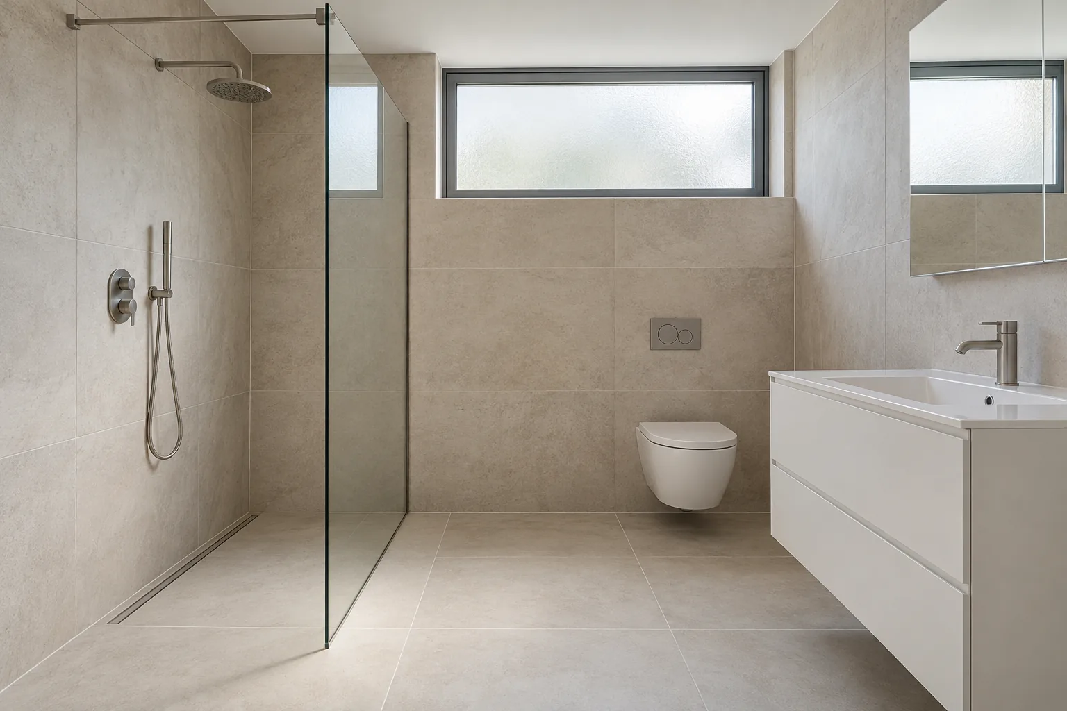 Illustrative wet room with a tiled shower floor, glass screen and white vanity