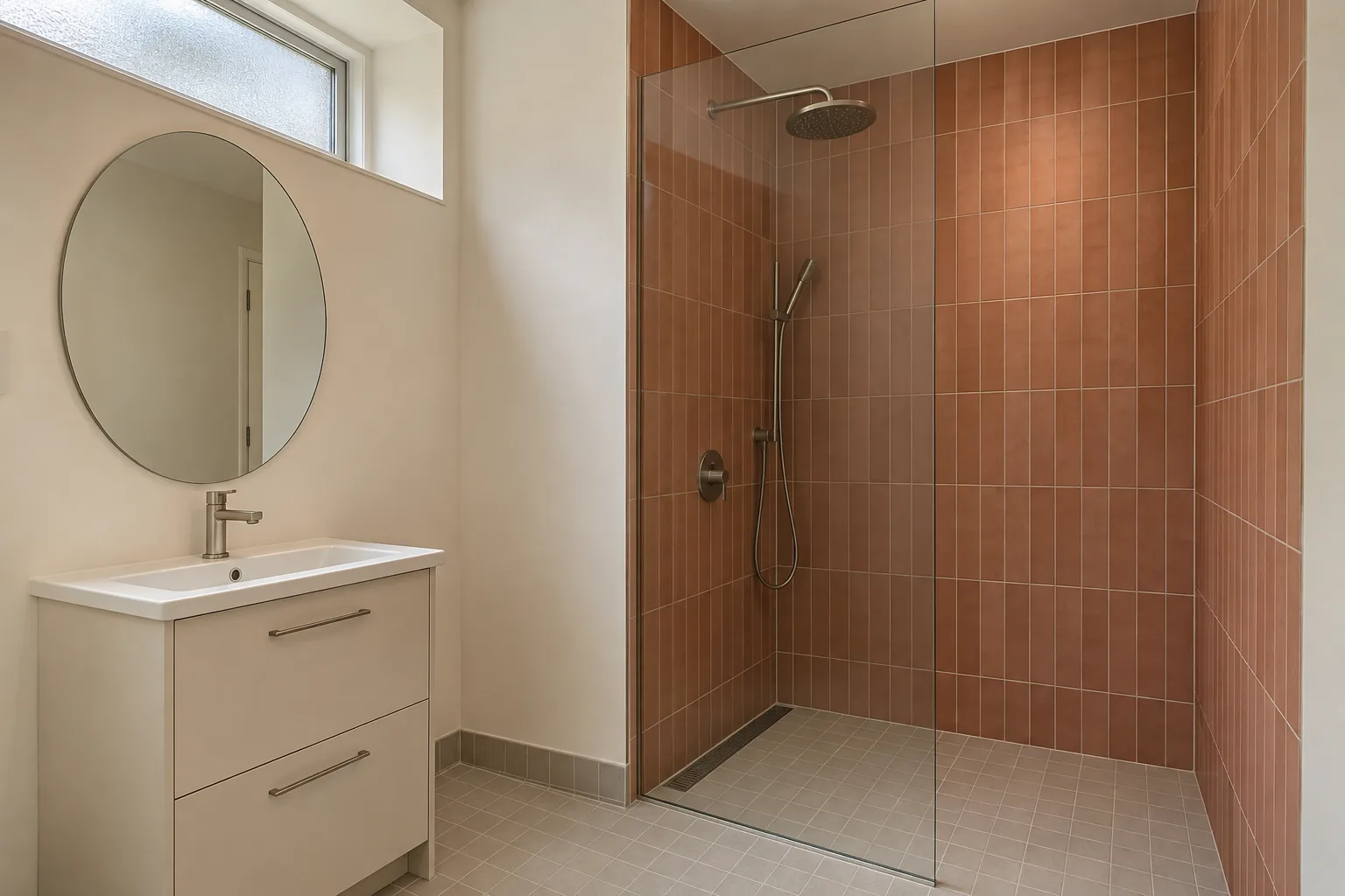 Illustrative terracotta-tiled shower alcove with a cream vanity and oval mirror